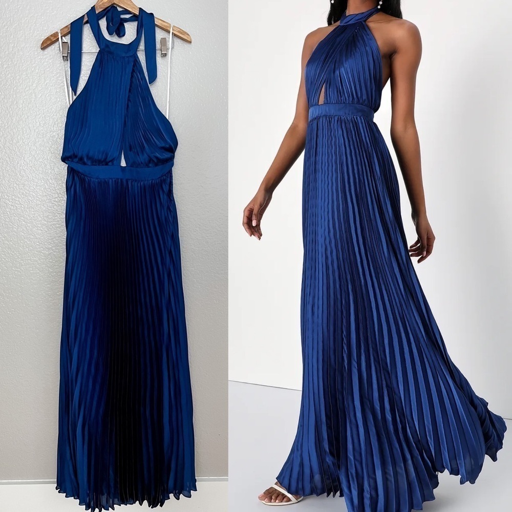 NWOT Midnight Moves Navy Blue Pleated Satin Cutout Halter Maxi Dress